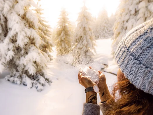 Frau wirft Schnee in einem sonnigen, verschneiten Tannenwald in die Luft
