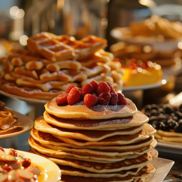Teller mit gestapelten Pfannkuchen und Waffeln mit verschiedenen Früchten