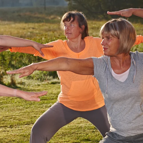 Zwei Frauen machen Yoga im Freien in der Natur bei Sonnenlicht