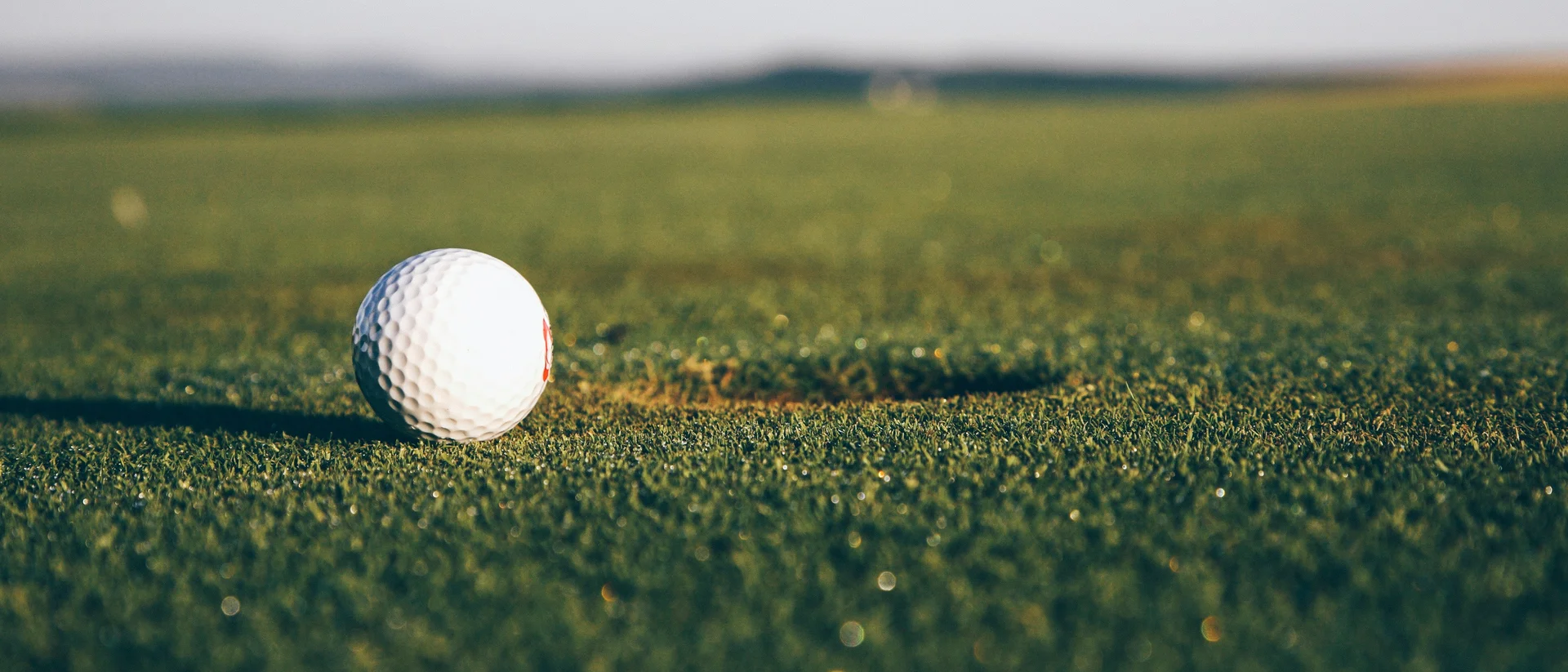 Nahaufnahme eines Golfballs auf dem Rasen mit verschwommenem Hintergrund