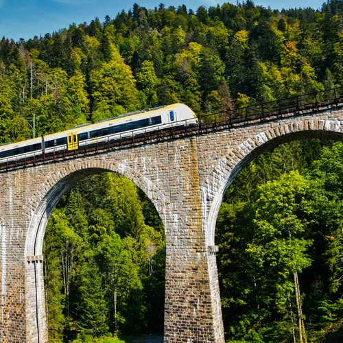 Train traverse un haut viaduc en pierres dans la forêt sous un ciel ensoleillé