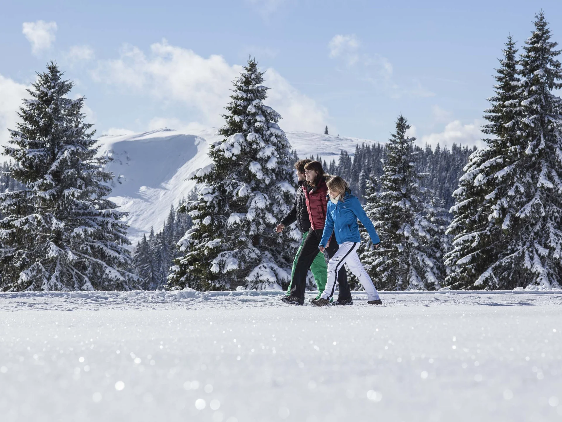 Two people walk through a snowy landscape with fir trees and mountains