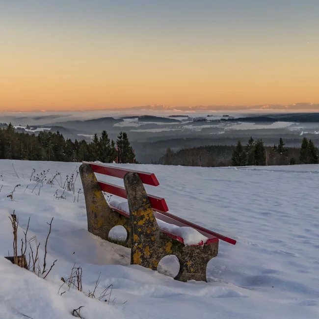 Rot-weiße Bank im Schnee mit Blick auf bewaldete Hügel im Abendlicht