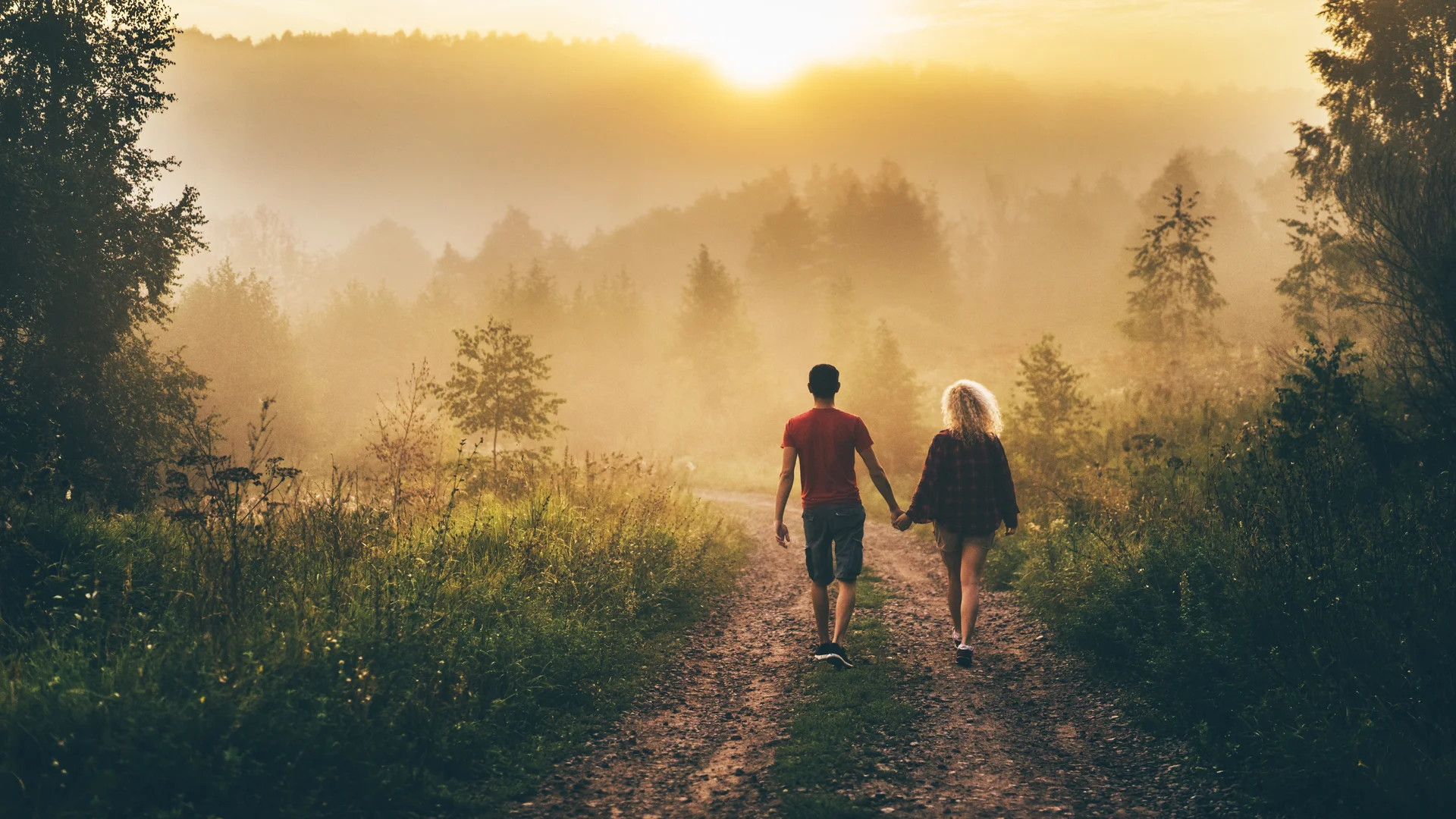 Sehenswürdigkeiten | Hinterzarten in Baden-Württemberg Paar hält Händchen und spaziert auf Waldweg bei Sonnenuntergang
