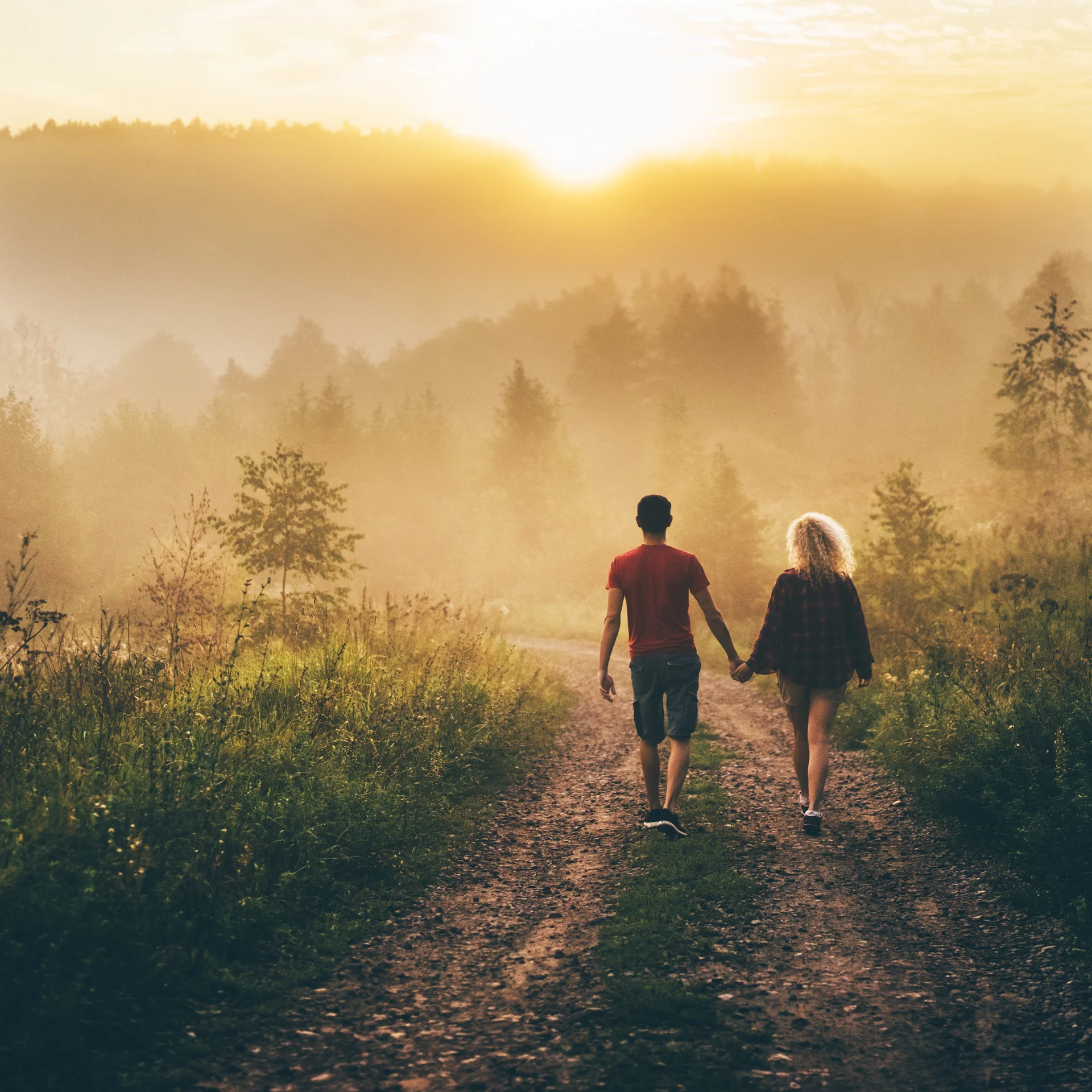 Paar hält Händchen und spaziert auf Waldweg bei Sonnenuntergang