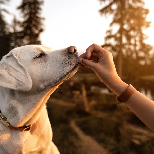 Hand gibt Hund in Sonnenuntergang draußen Leckerli