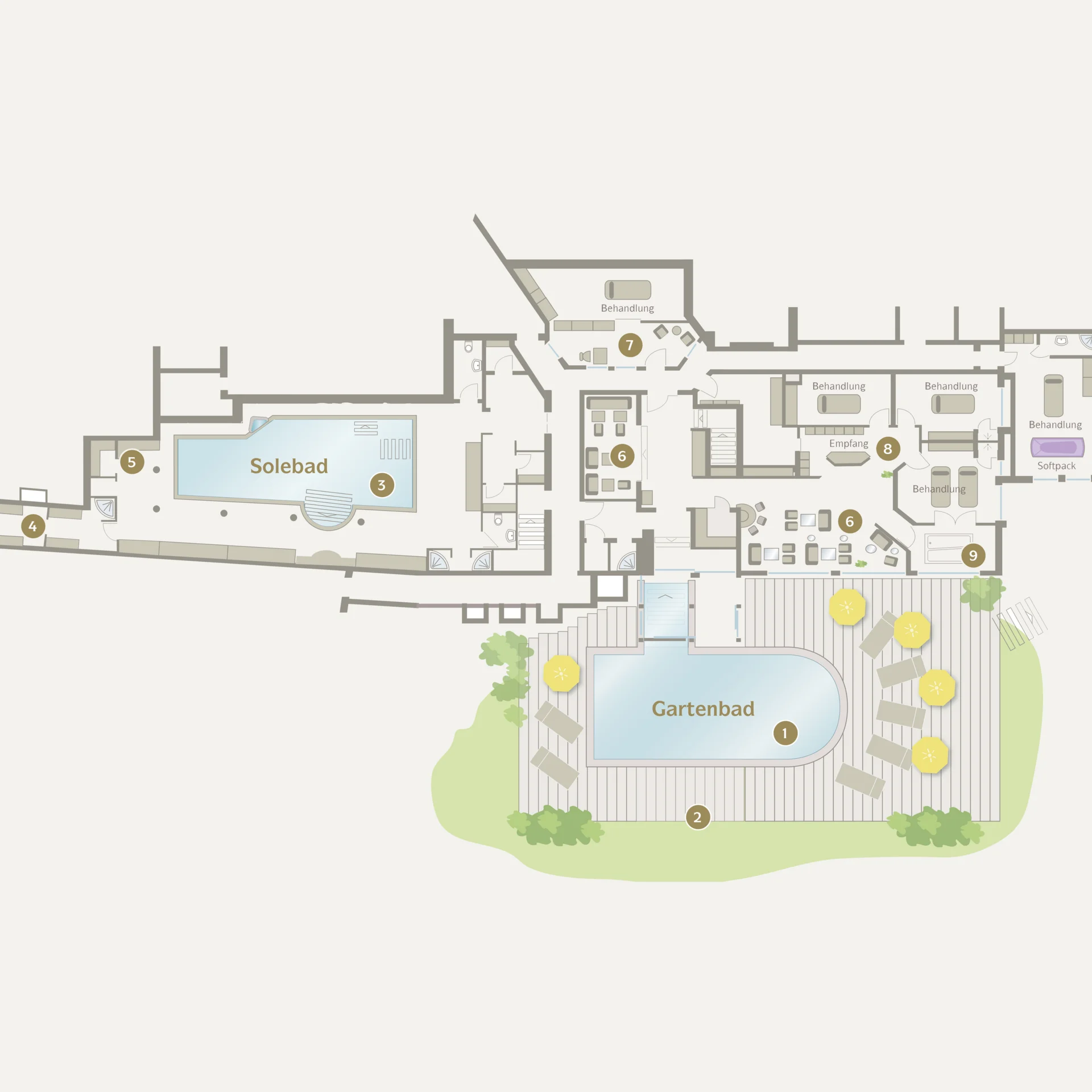 Grundriss eines Wellnessbereichs mit Solebad, Gartenbad und Behandlungsräumen