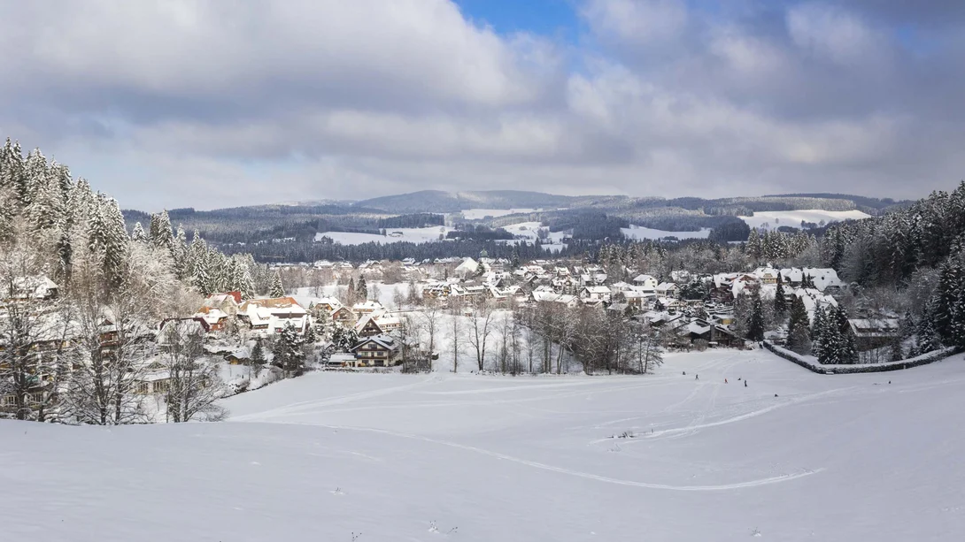 Village enneigé entre forêts et collines, au-delà d’un vaste champ couvert de neige