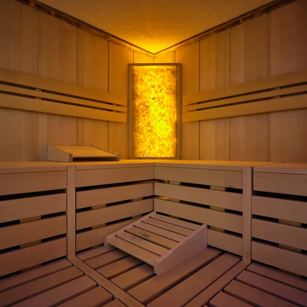 Innenraum einer Sauna mit Holzverkleidung und warmem Licht